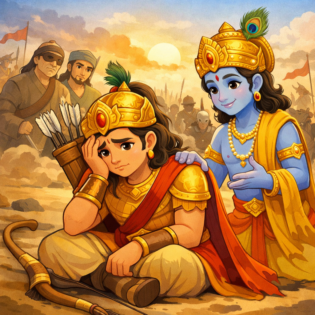 Arjuna feels sad on the battlefield